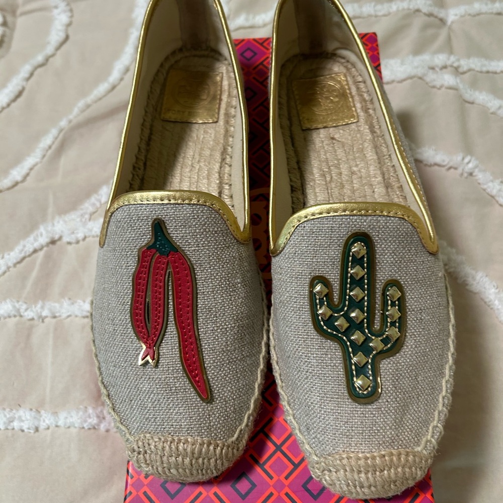 Tory Burch Gold-Trimmed Espadrilles with Cactus and Chili Design